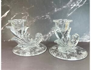 Pair Fostoria Baroque Chintz Crystal Wave Single Candlestick Holder Etched Base